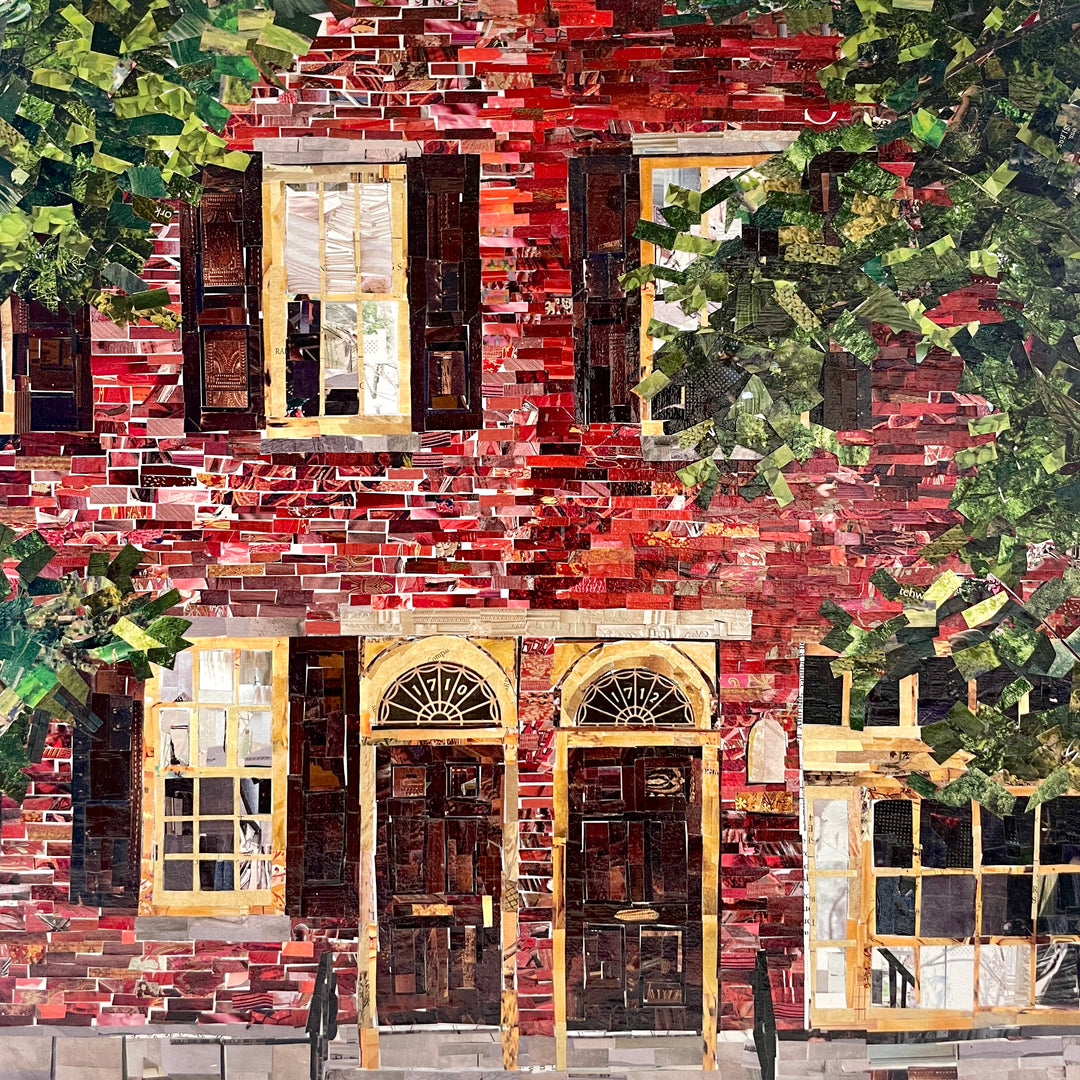 red brick twin homes with tree foliage window panes and brown doors made of cut paper magazine collage