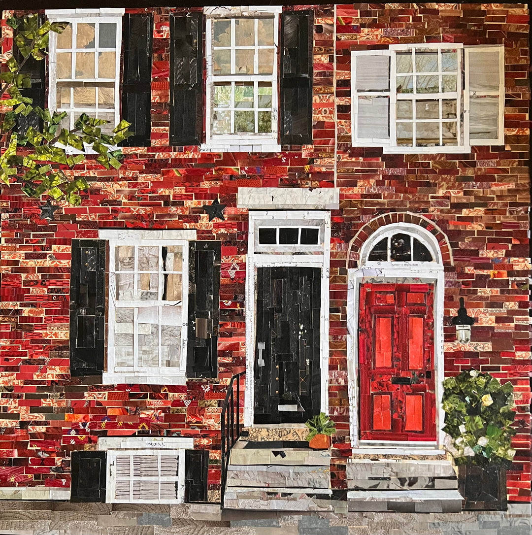 17" x 17" torn paper collage on canvas by Chrissy McIntyre. Artwork of red brick rowhomes in Philadelphia, featuring window panels and stoops.