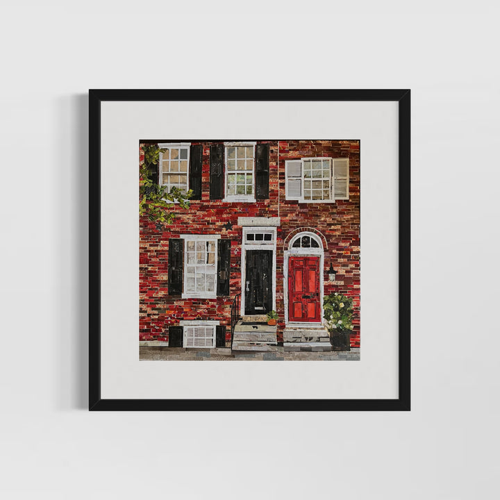 17" x 17" torn paper collage on canvas by Chrissy McIntyre. Artwork of red brick rowhomes in Philadelphia, featuring window panels and stoops.