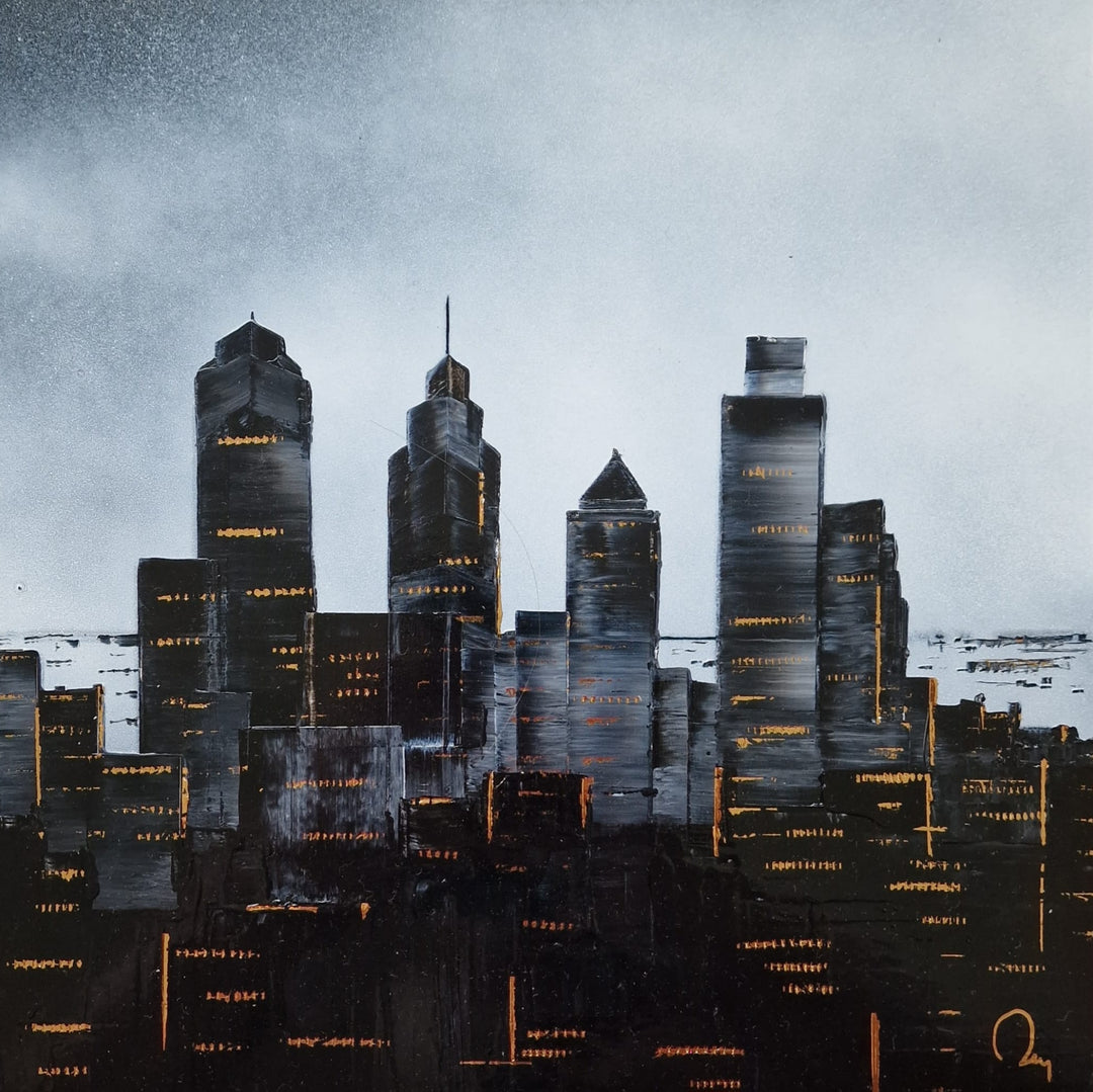 "Philadelphia" by French artist Julien Rey — a mixed-media painting of the Philadelphia skyline crafted with Chinese lacquer and gold leaf on canvas. Iconic skyscrapers including One Liberty Place and the Comcast Center rise dramatically from a densely layered nocturnal cityscape, their windows and facades glinting with gold leaf accents. A brooding silver-gray sky with dark clouds looms above. Original contemporary Philadelphia skyline painting available at Morton Contemporary gallery.