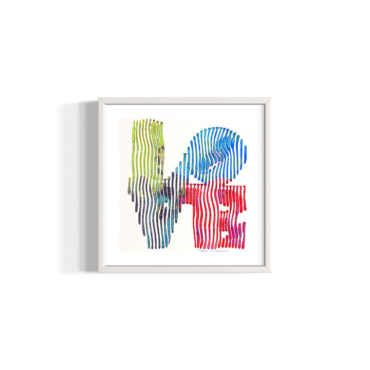 14"x14" acrylic and oil paint on canvas board image of the word LOVE. 