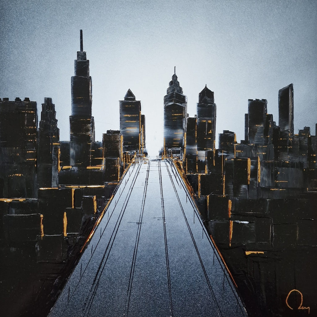 "Philly" by French artist Julien Rey — a mixed-media painting of the Philadelphia skyline crafted with Chinese lacquer and gold leaf on canvas. A dramatic central boulevard with tram tracks leads the eye toward iconic skyscrapers including One Liberty Place, their facades glinting with gold leaf accents against deep black lacquer. A luminous silver-gray sky completes the bold, cinematic composition. Original contemporary Philadelphia cityscape painting available at Morton Contemporary gallery.