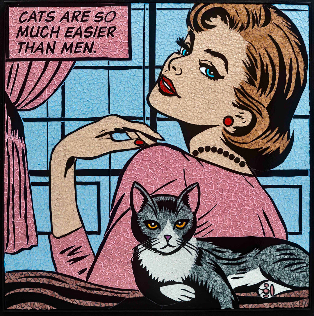 Glass mosaic artwork by Sarah Fishbein of a woman and her cat in the style of a 60s comic. The woman is in light link that matches the speech bubble with a light blue background