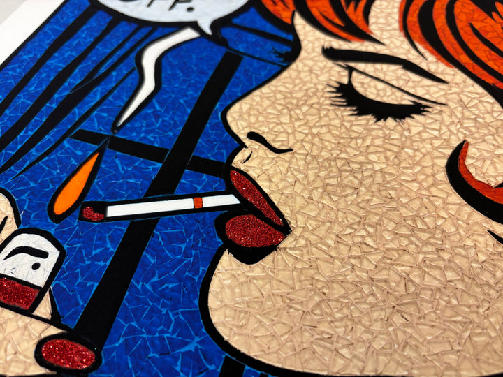 limited edition stain glass mosaic giclee print hand embellished with glitter  text bubble comic style retro vintage woman red short hair lighting cigarette with fame and glitter finger nails on blue background
