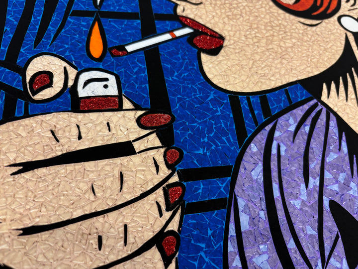 limited edition stain glass mosaic giclee print hand embellished with glitter  text bubble comic style retro vintage woman red short hair lighting cigarette with fame and glitter finger nails on blue background