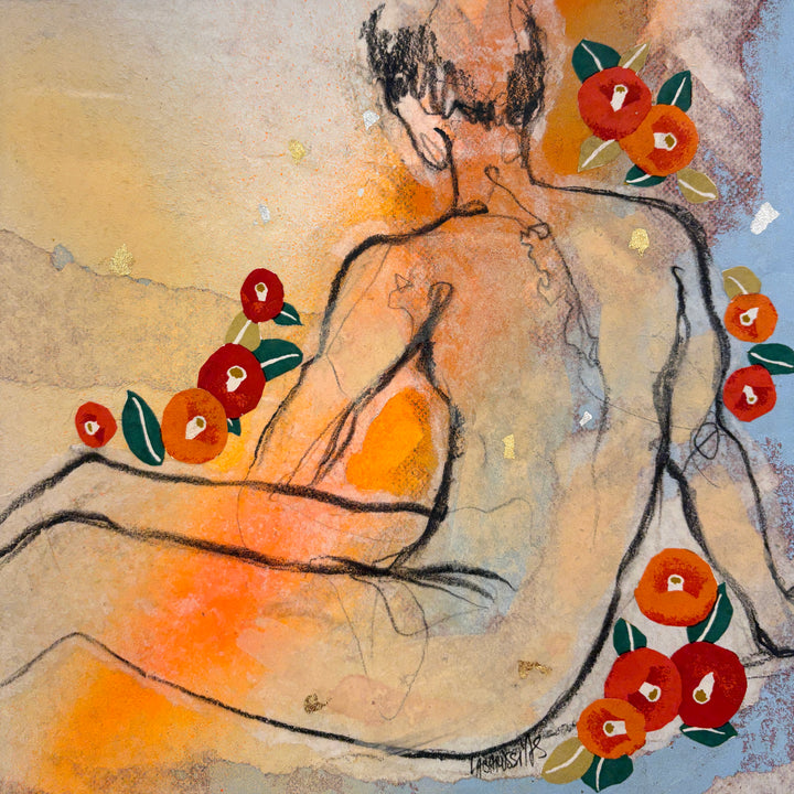 Back view of a male nude in charcoal, gold leaf, and advertising paper. Red and orange flowers surround the figure.
