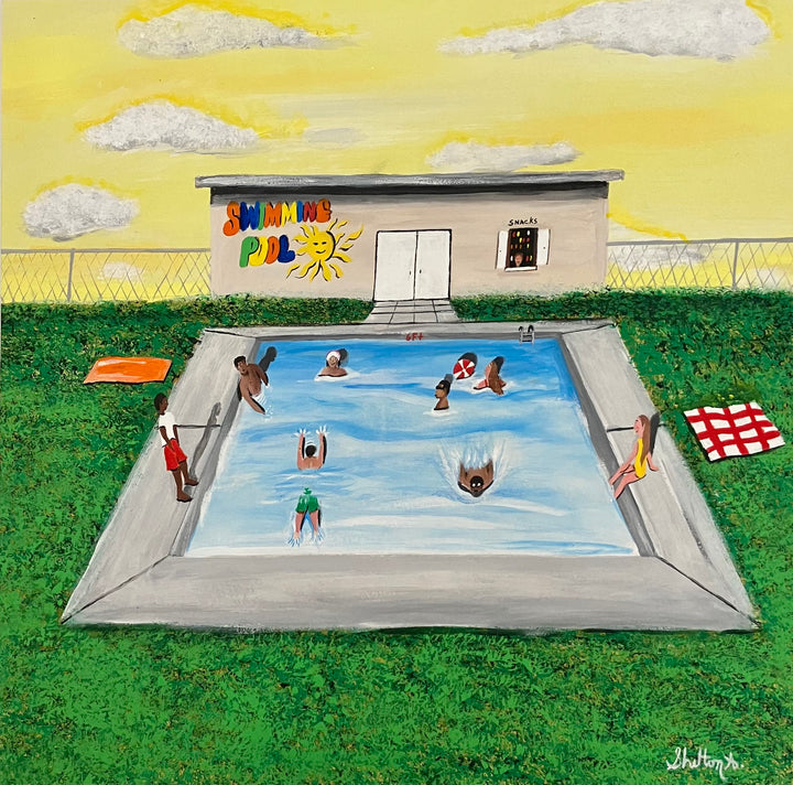 outdoor pool swimming scene playful summer grass with fence recreation center in acrylic figurative
