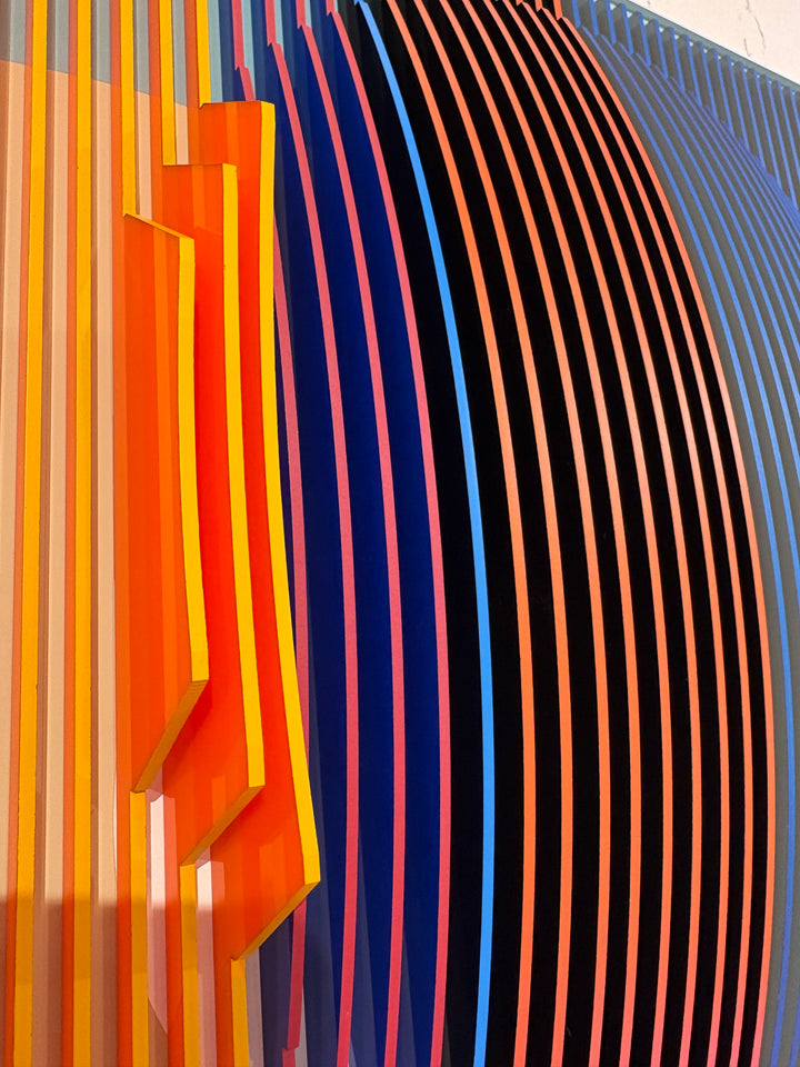 Porthole 361 by José Margulis – side detail of the orange, navy, and coral plexiglass strip layers showing the sculpture&