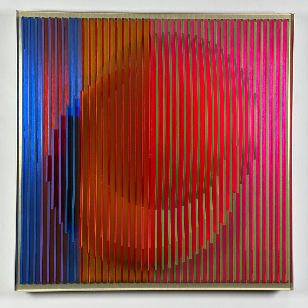 Porthole 457 by José Margulis – front view of the red and orange plexiglass wall sculpture