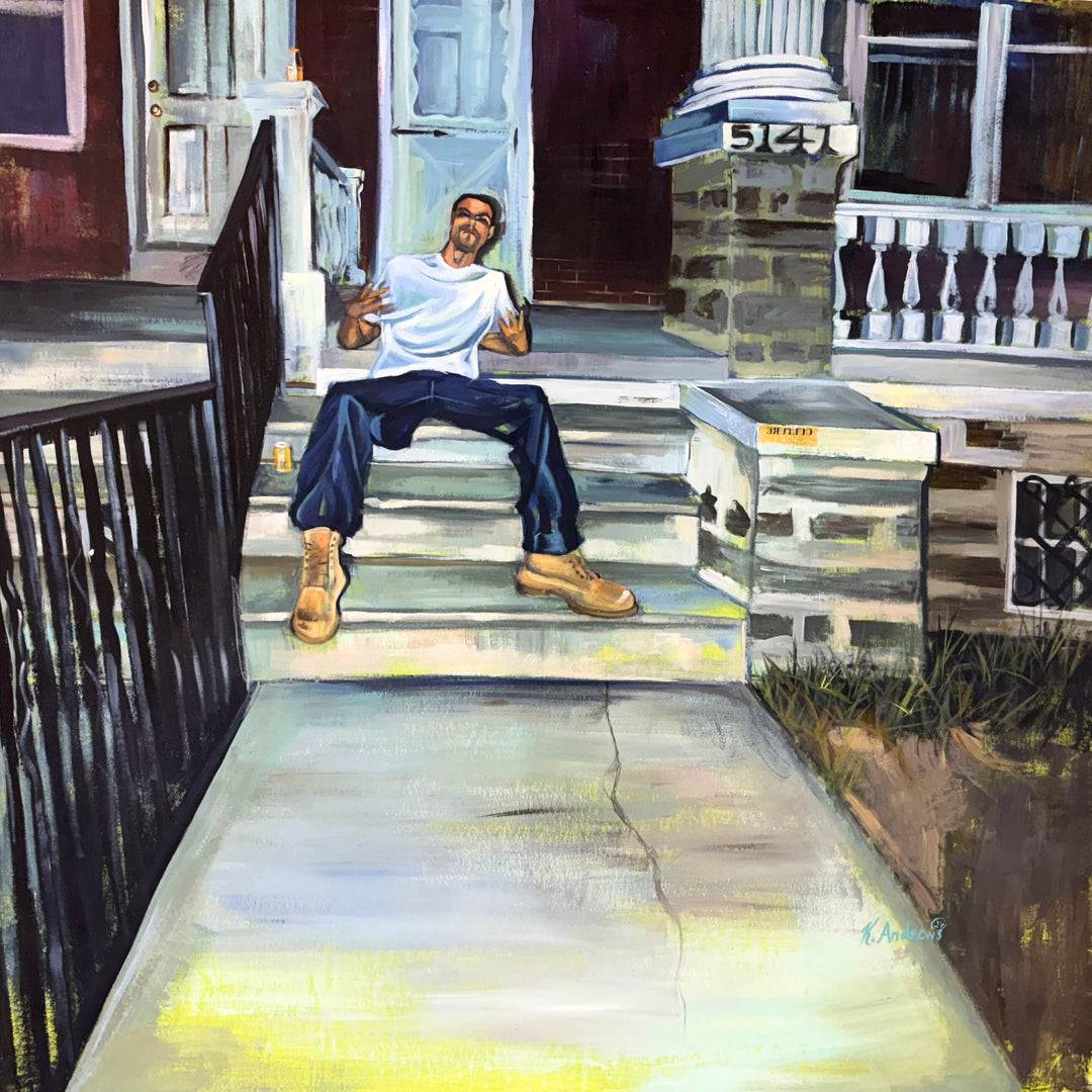figurative black man sitting on steps Philadelphia urban mixed media landscape acrylic portrait painting incarcerated artist keith andrews