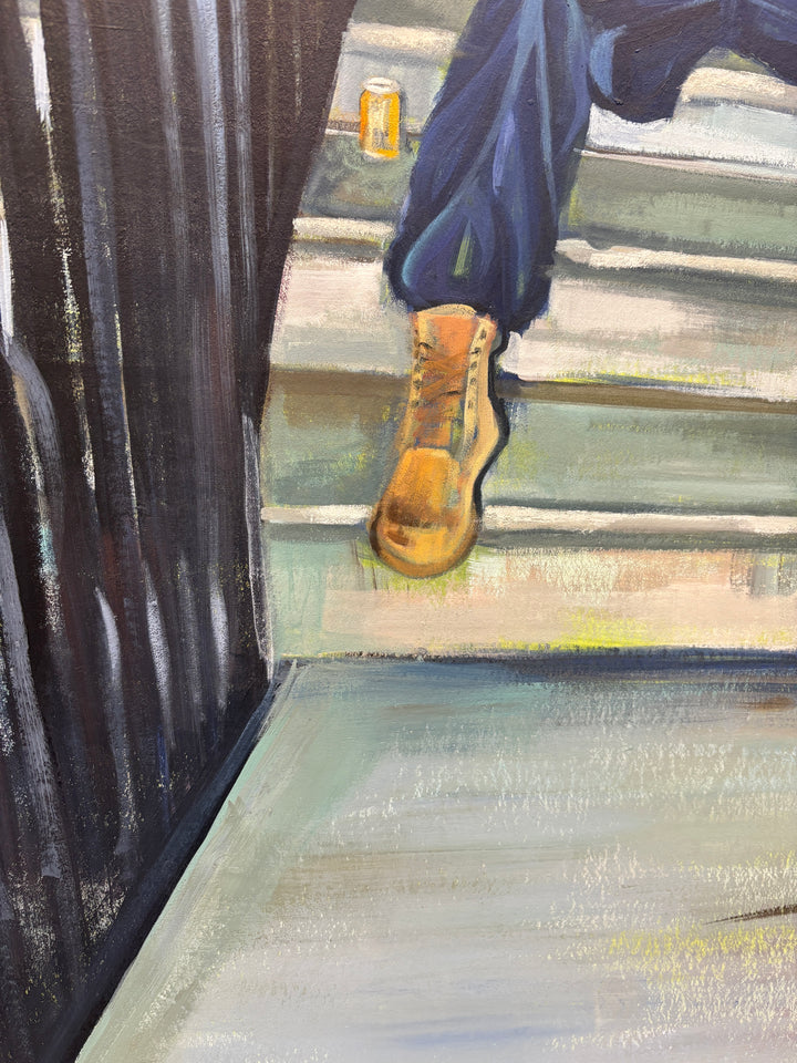 figurative black man sitting on steps Philadelphia urban mixed media landscape acrylic portrait painting incarcerated artist keith andrews