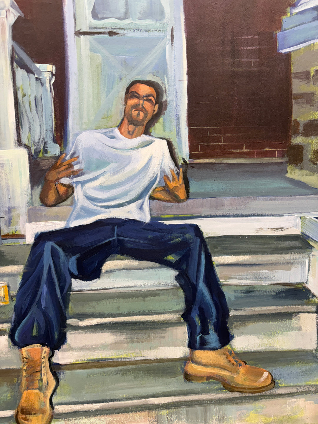 figurative black man sitting on steps Philadelphia urban mixed media landscape acrylic portrait painting incarcerated artist keith andrews