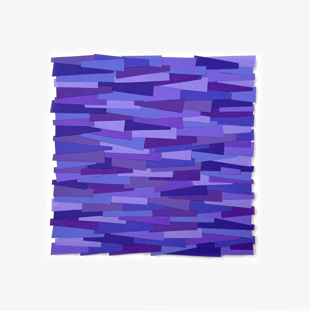 purple shades in light and dark cut paper collage strips in square shape