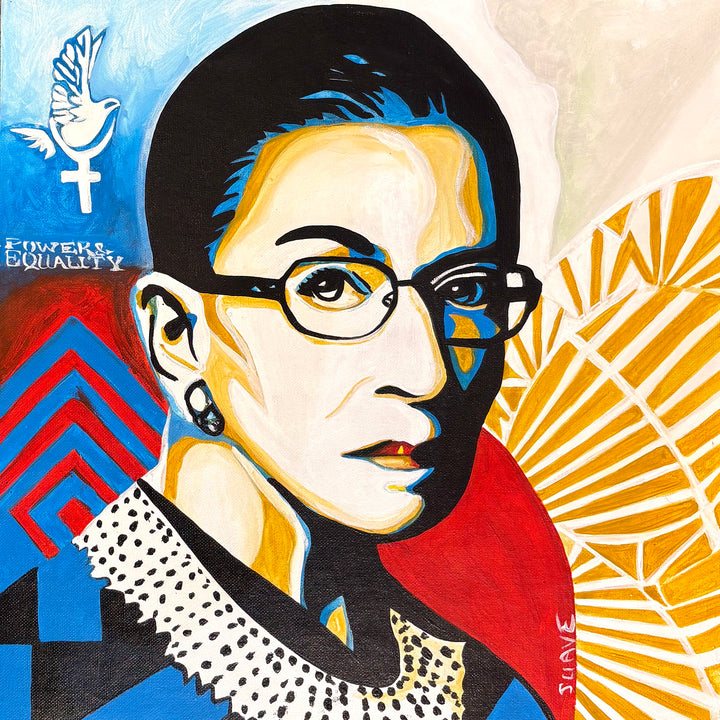 RBG Ruth Bader Ginsburg patriotic red white blue gold figurative pop art portrait with decorative patterns color block 