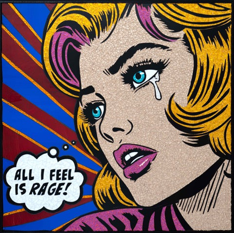 female close up face with tears, blonde hair with pink stripes and pink lips on striped background in blue and red with text bubble in comic style