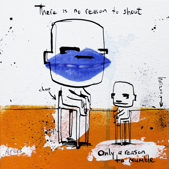 two figure doodles sitting facing each other, one with realistic rendered blue lips orange floor in acrylic and ink by Jan-Hein Arens. Text satire 