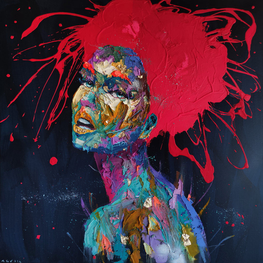 side view profile woman portrait mouth open multicolor paint splatter face with red hair on dark blue background and red splattered hair