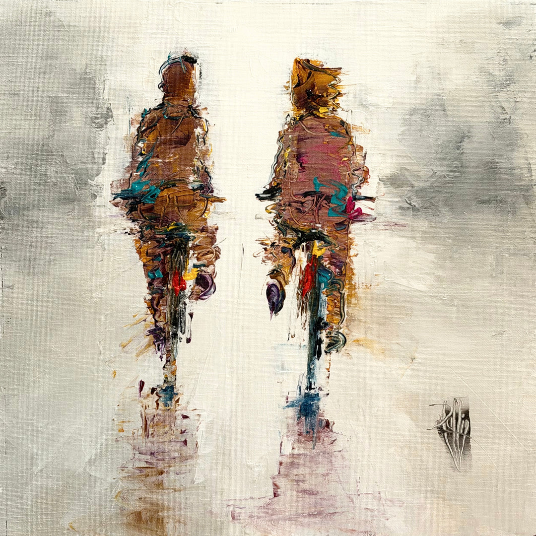 Christian Raffin, Regard Croisé, oil on canvas, 14 x 14 inches. Two cyclists in brown and pink tones seen from behind, riding side by side against a pale grey and white background, with reflections on the ground.