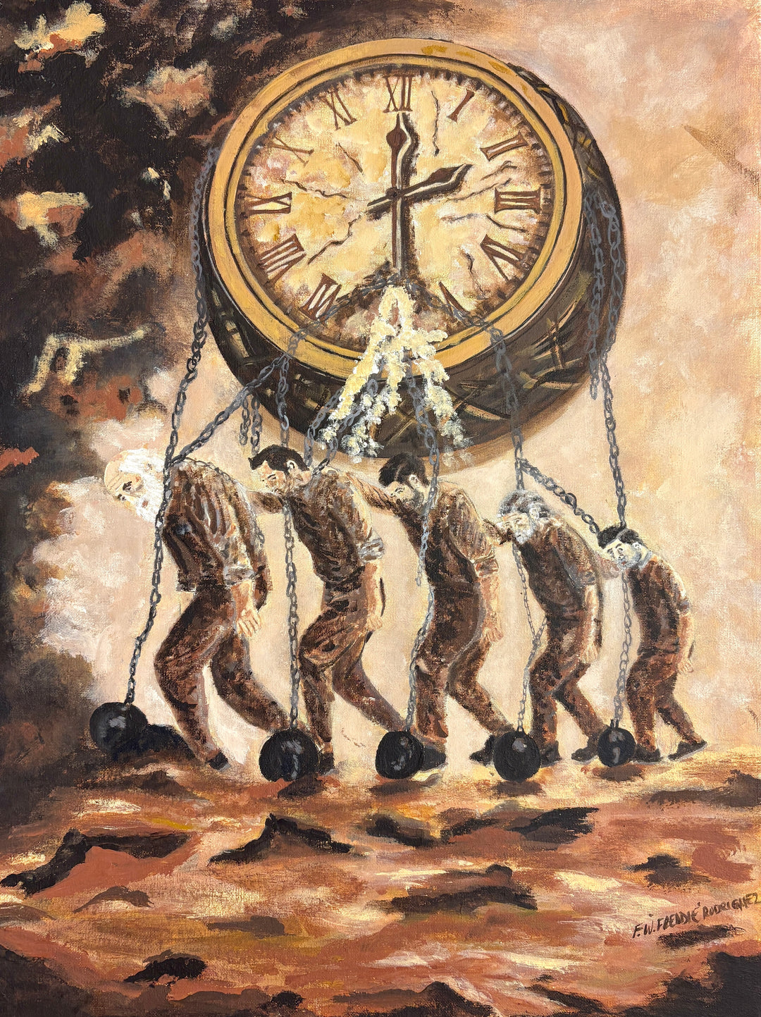 figures men prisoners carrying heavy weights and clock on shoulders in brown expressive brushstrokes