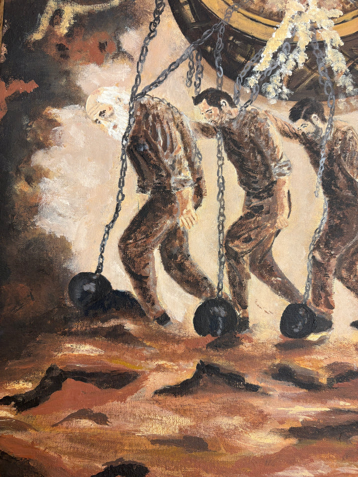 figures men prisoners carrying heavy weights and clock on shoulders in brown expressive brushstrokes