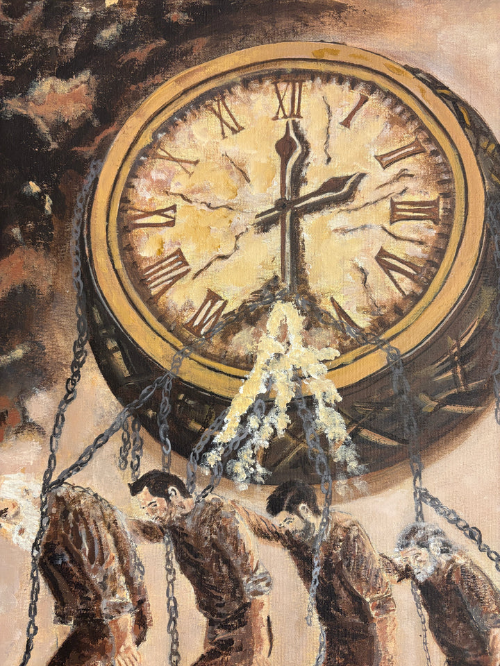 figures men prisoners carrying heavy weights and clock on shoulders in brown expressive brushstrokes
