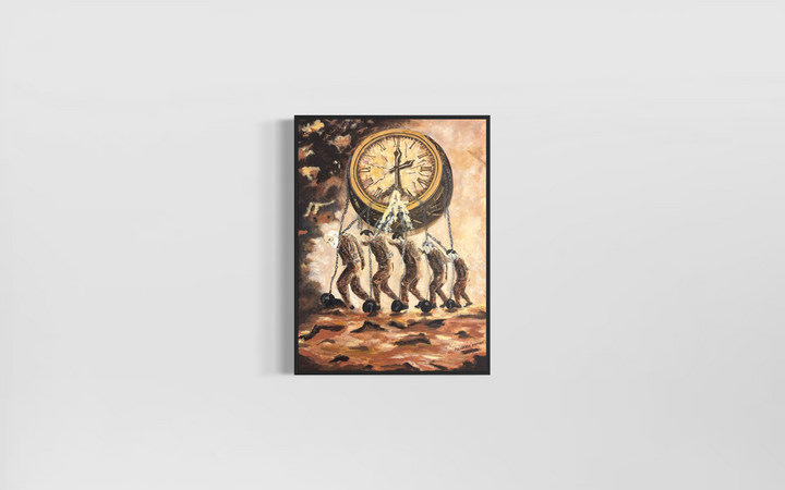 figures men prisoners carrying heavy weights and clock on shoulders in brown expressive brushstrokes