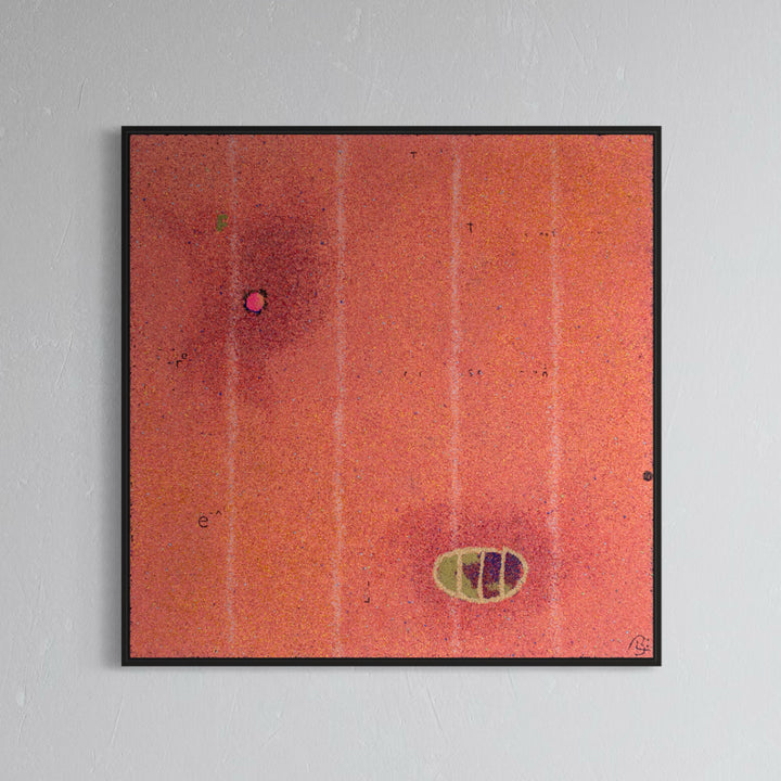 Relativistic Prodigy by Bob Landstrom, artwork of light red pigmented volcanic rock on canvas, featuring vertical stripes.