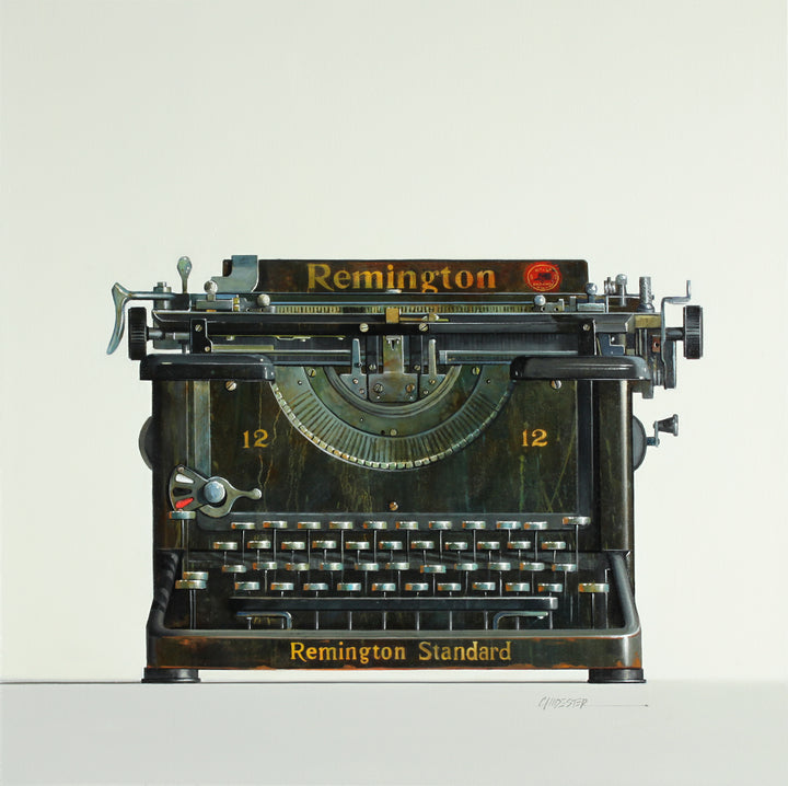 Realistic painting of a vintage Remington typewriter. 30"x30" oil on canvas. Minimalist off white and grey background.