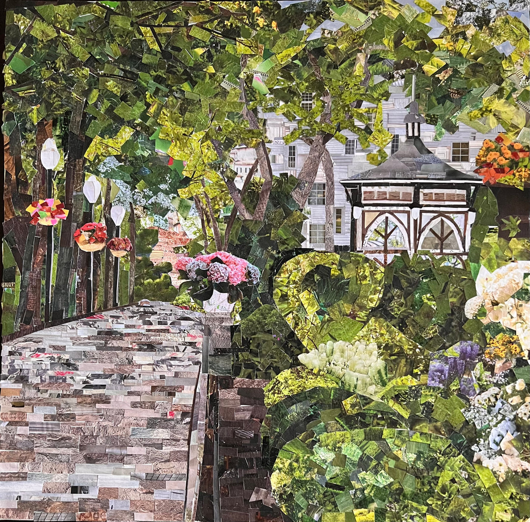 17" x 17" torn paper collage by Chrissy McIntyre. Artwork ofvibrant Rittenhouse Square Park in Philadelphia in the summertime, with greenery, a brick path and a gazebo.