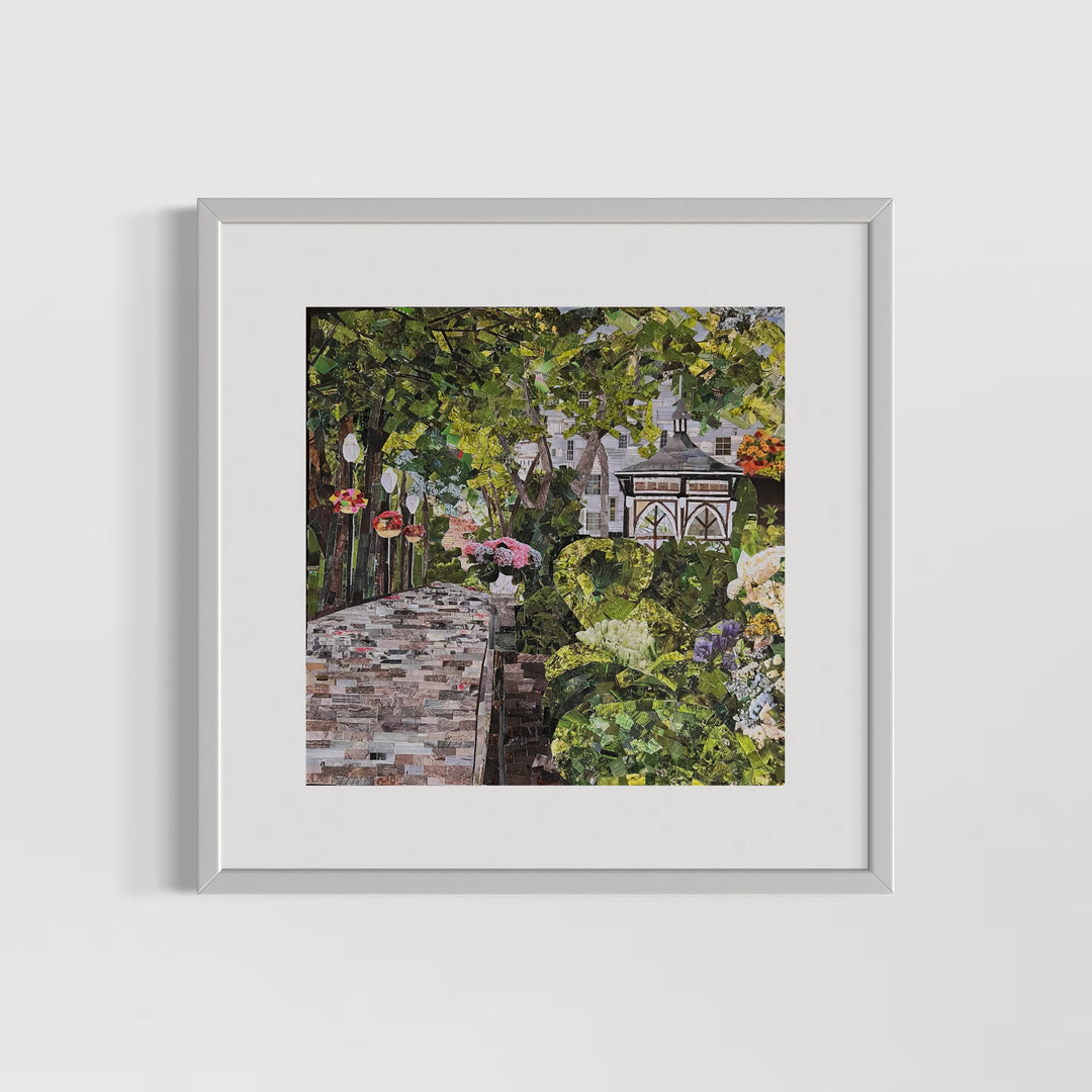17" x 17" torn paper collage by Chrissy McIntyre. Artwork ofvibrant Rittenhouse Square Park in Philadelphia in the summertime, with greenery, a brick path and a gazebo.
