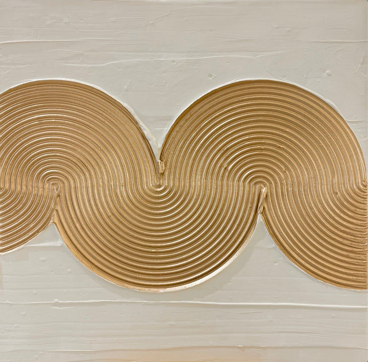 golden lines swirl across thick paint in neutral beige color texture 