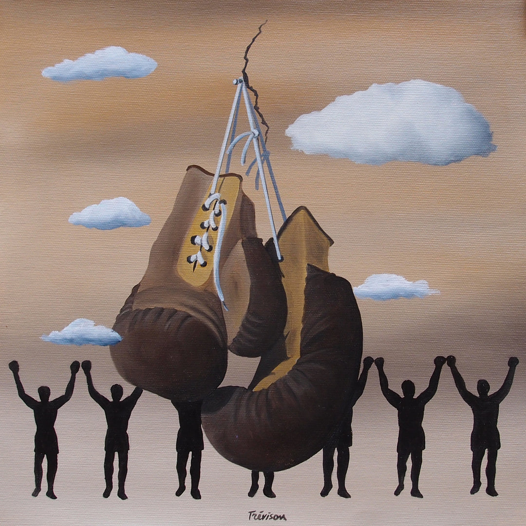 "Rocky" by Italian artist Carlo Trevisan — a surrealist oil painting on canvas depicting an enormous pair of vintage boxing gloves hanging from a thread above five triumphant silhouetted figures with arms raised in victory, set against a warm sandy sky with floating clouds. A powerful homage to Philadelphia&