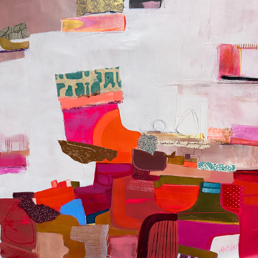 Lau Blou, Route d’Orient, acrylic paint, fabric, and gold leaf on canvas, 14 x 14 inches. Abstract composition of stacked shapes in red, pink, orange, and brown with patterned fabric pieces, a teal patterned block, and fine line drawing, set against a white background with pink and gold accents.