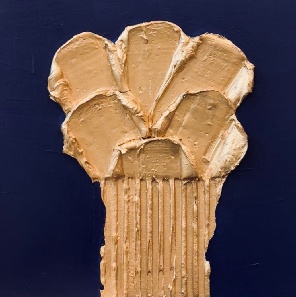 golden layered joint compound texture sculpted abstract floral bouquet on matte dark blue background