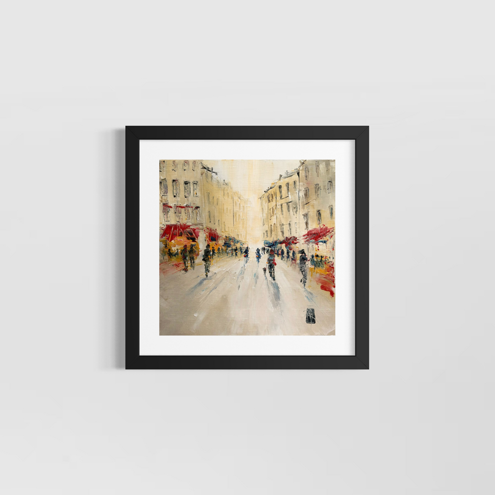 Christian Raffin, Rue Animée, oil on canvas, 14 x 14 inches, shown in a black frame with a white mat hanging on a light grey wall.