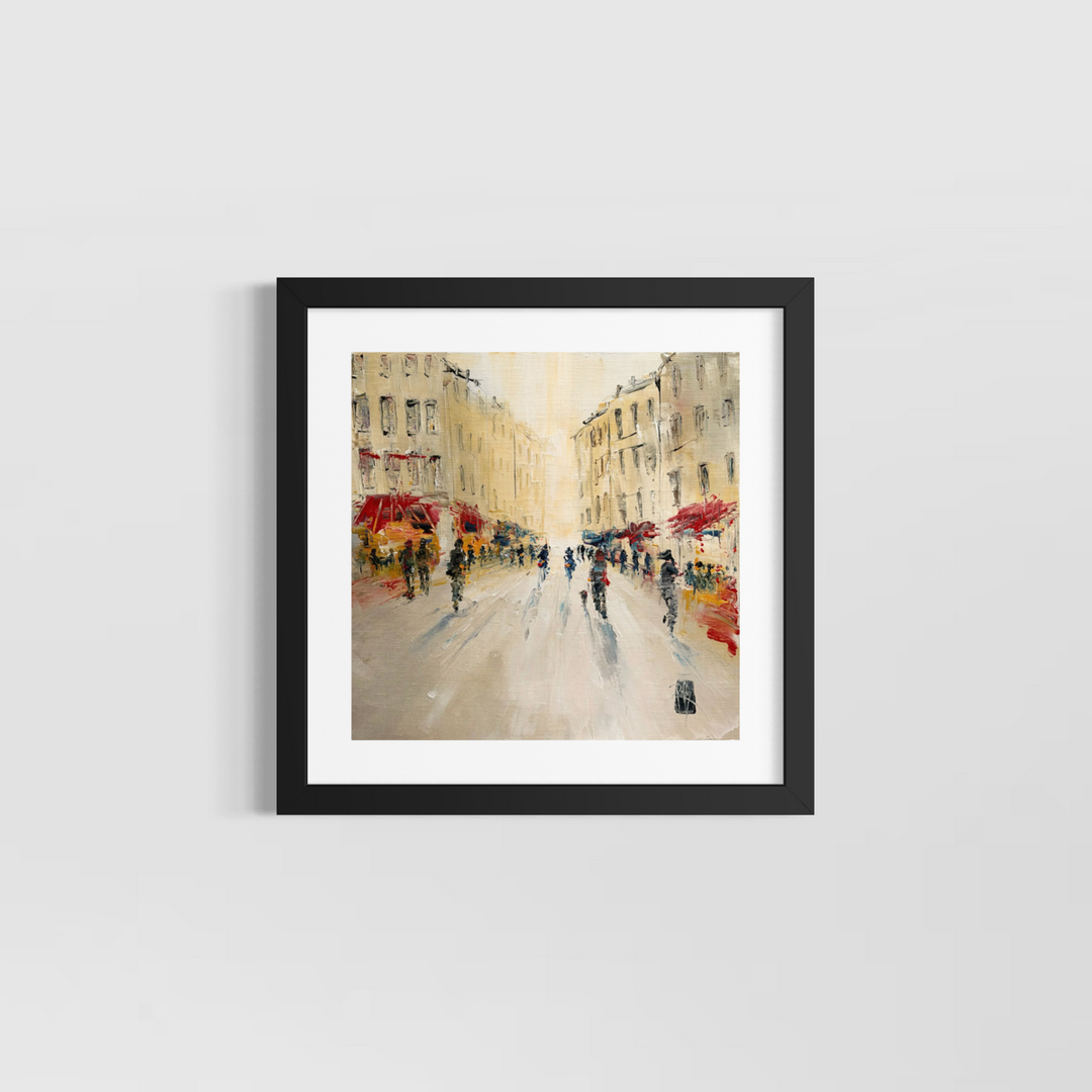 Christian Raffin, Rue Animée, oil on canvas, 14 x 14 inches, shown in a black frame with a white mat hanging on a light grey wall.
