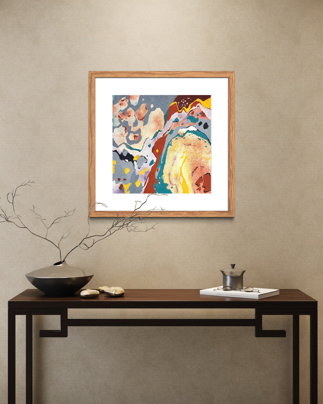 oil on pumice primed canvas abstract organic shapes gradient and opaque rust colored orange brown and teal blue in splotchy decaying shapes line weight