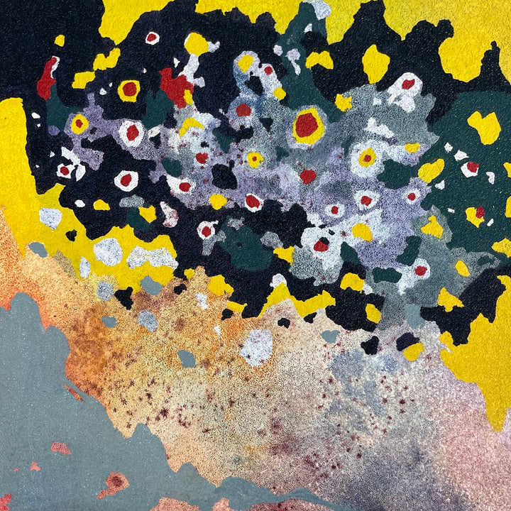 abstract expressionist splotches of blue green and yellow with red dots fish scale shiny textured pumice canvas