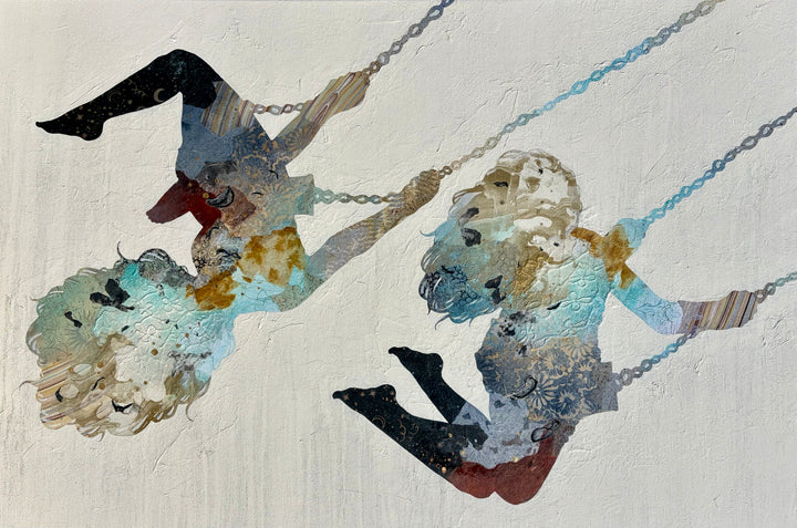 "Swinging Silhouettes" by Christopher Peter — a mixed-media collage painting on canvas depicting two women swinging on chains, their figures filled with layered botanical textures, celestial-patterned legwear, teal washes, gold accents, and floral patterns against a soft plaster-textured ivory background. A joyful, dreamlike celebration of freedom and feminine energy. Original contemporary mixed-media figurative collage painting on canvas available at Morton Contemporary gallery.