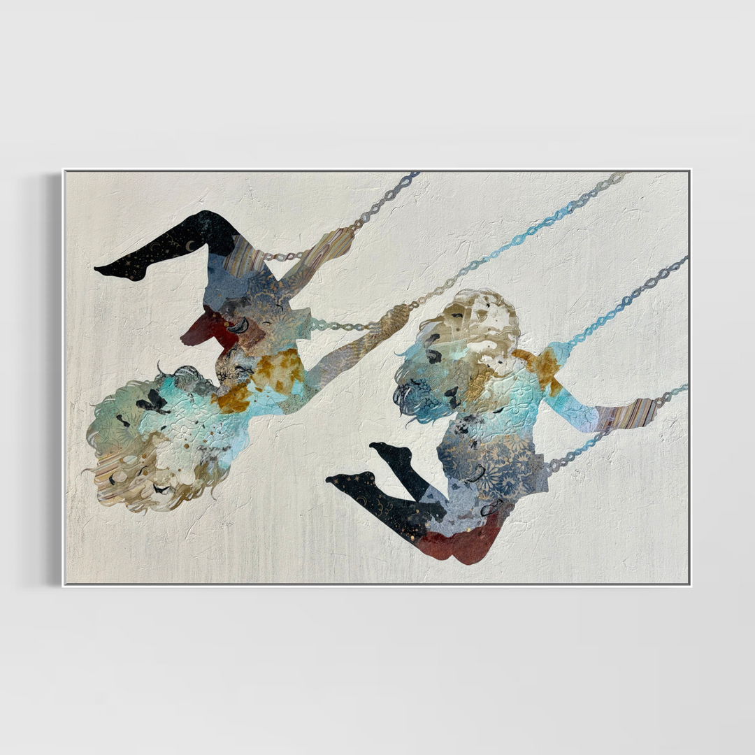 two children kids swinging playset silhouette abstract expressionist illustration figurative portraiture on textured white background colorful figures collaged and mixed media