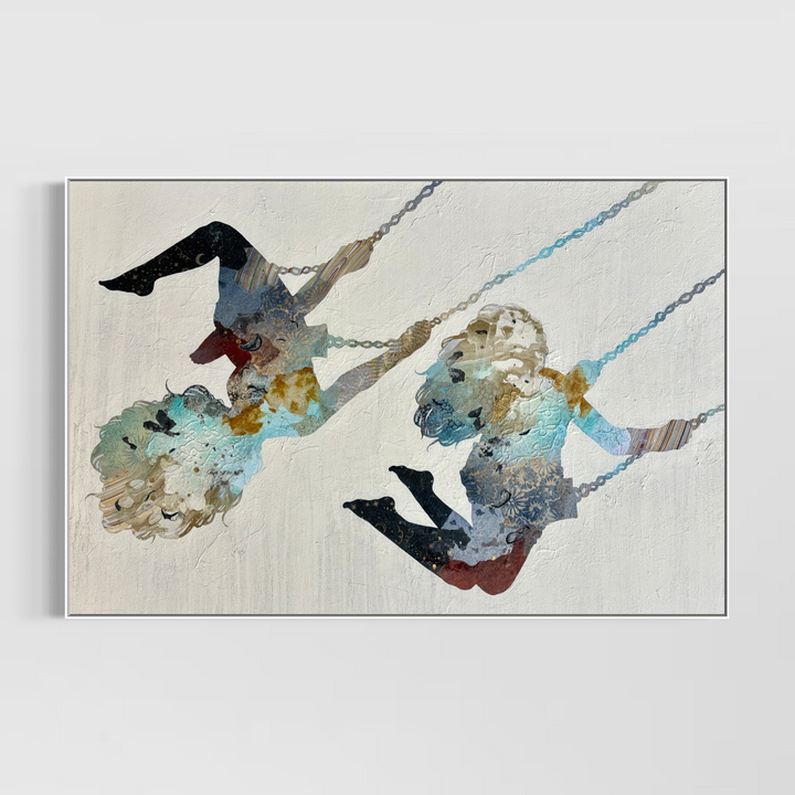 two children kids swinging playset silhouette abstract expressionist illustration figurative portraiture on textured white background colorful figures collaged and mixed media