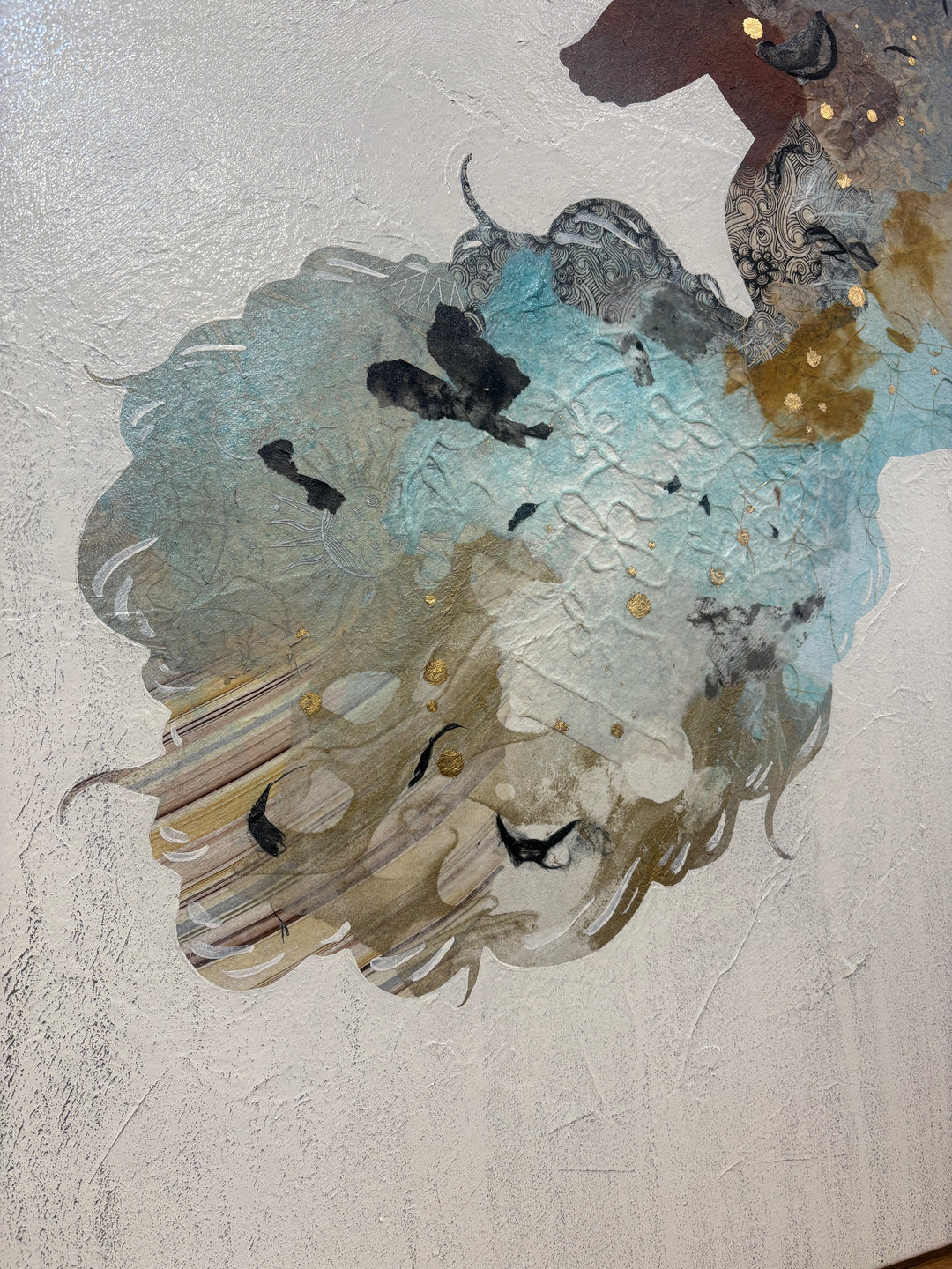 "Swinging Silhouettes" by Christopher Peter — a mixed-media collage painting on canvas depicting two women swinging on chains, their figures filled with layered botanical textures, celestial-patterned legwear, teal washes, gold accents, and floral patterns against a soft plaster-textured ivory background. A joyful, dreamlike celebration of freedom and feminine energy. Original contemporary mixed-media figurative collage painting on canvas available at Morton Contemporary gallery.