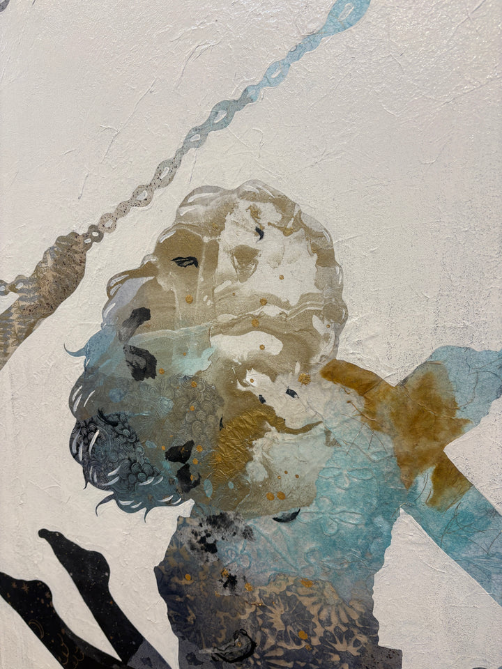 "Swinging Silhouettes" by Christopher Peter — a mixed-media collage painting on canvas depicting two women swinging on chains, their figures filled with layered botanical textures, celestial-patterned legwear, teal washes, gold accents, and floral patterns against a soft plaster-textured ivory background. A joyful, dreamlike celebration of freedom and feminine energy. Original contemporary mixed-media figurative collage painting on canvas available at Morton Contemporary gallery.