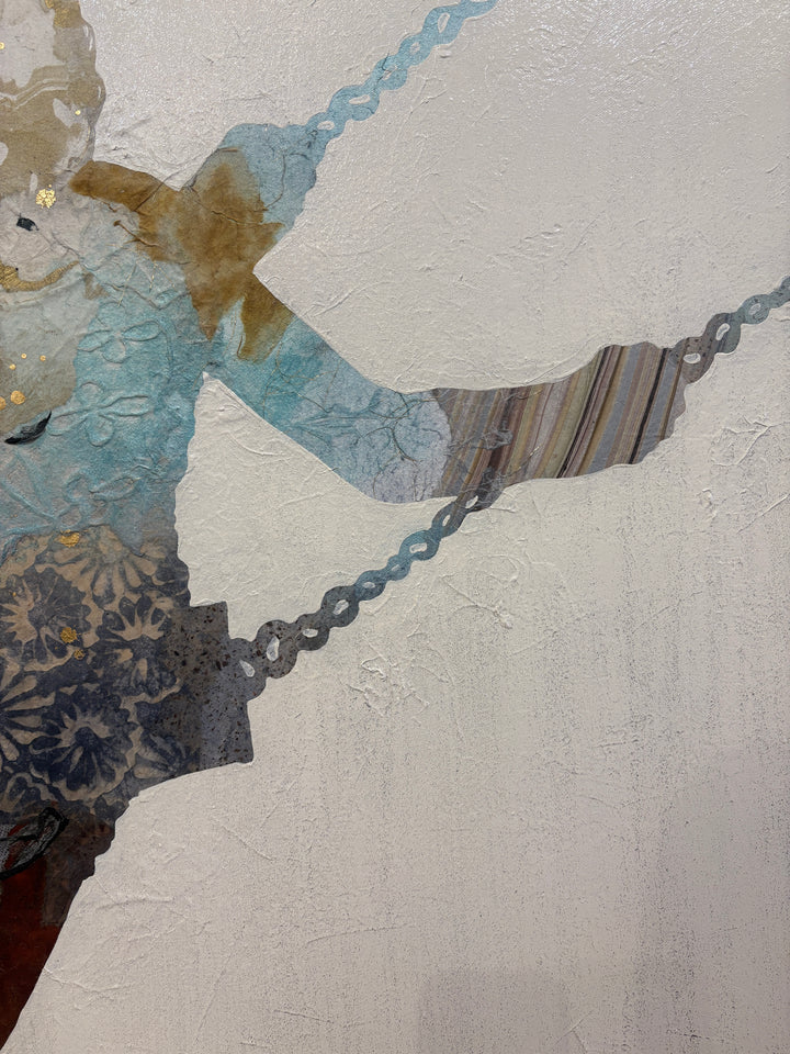 "Swinging Silhouettes" by Christopher Peter — a mixed-media collage painting on canvas depicting two women swinging on chains, their figures filled with layered botanical textures, celestial-patterned legwear, teal washes, gold accents, and floral patterns against a soft plaster-textured ivory background. A joyful, dreamlike celebration of freedom and feminine energy. Original contemporary mixed-media figurative collage painting on canvas available at Morton Contemporary gallery.