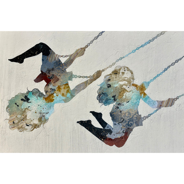 "Swinging Silhouettes" by Christopher Peter — a mixed-media collage painting on canvas depicting two women swinging on chains, their figures filled with layered botanical textures, celestial-patterned legwear, teal washes, gold accents, and floral patterns against a soft plaster-textured ivory background. A joyful, dreamlike celebration of freedom and feminine energy. Original contemporary mixed-media figurative collage painting on canvas available at Morton Contemporary gallery.
