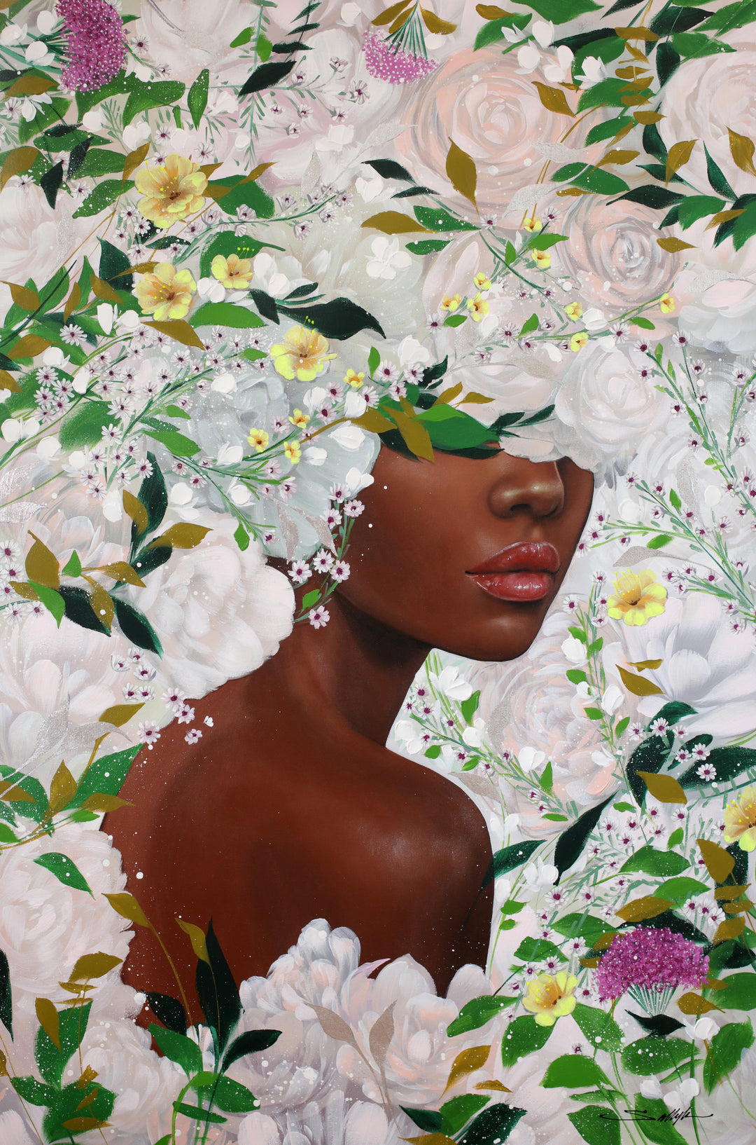 36"W x 56"H Acrylic portrait on canvas. Woman looking over her shoulder with her eyes and hair covered with white flowers and vines. 