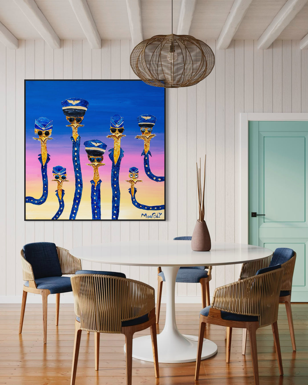 60" x 60" acrylic on canvas painting of yellow birds in blue uniforms and hats with glasses over a blue-pink-yellow gradient background. 