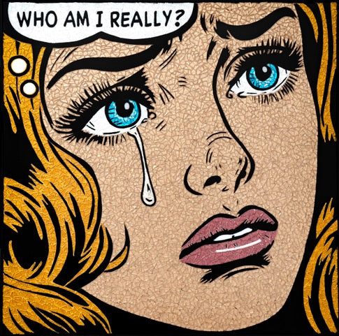 close up of blonde women's face crying tears with text bubble in comic style stained glass mosaic print