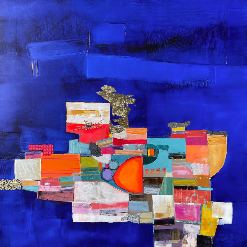 31" x 31" acrylic painting by Lau Blou. Cloudy dark blue background with abstract collage of cut fabric and gold leaf over paint, in primary colors.