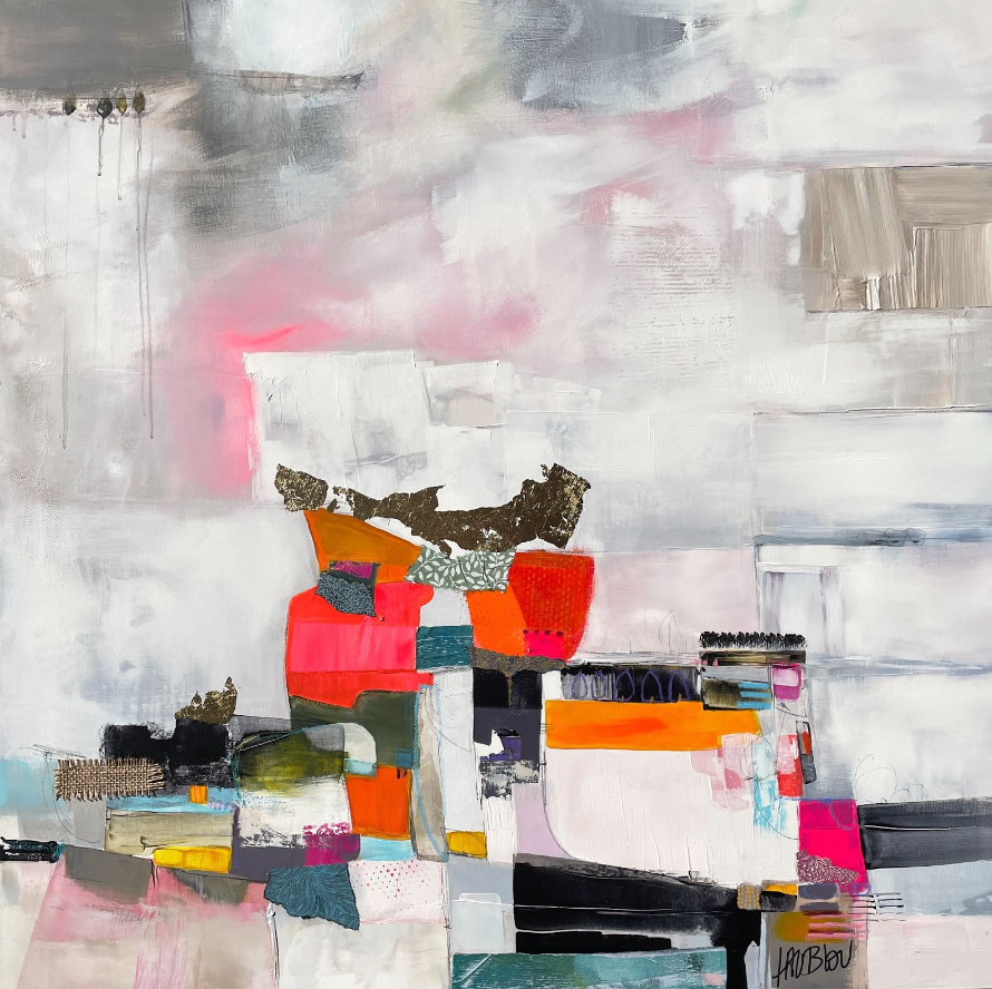 31" x 31" acrylic and gold leaf painting by Lau Blou. Pink orange blue and black square of paint fabric and cut paper and gold foil collage on cloudy and square white grey and pink background